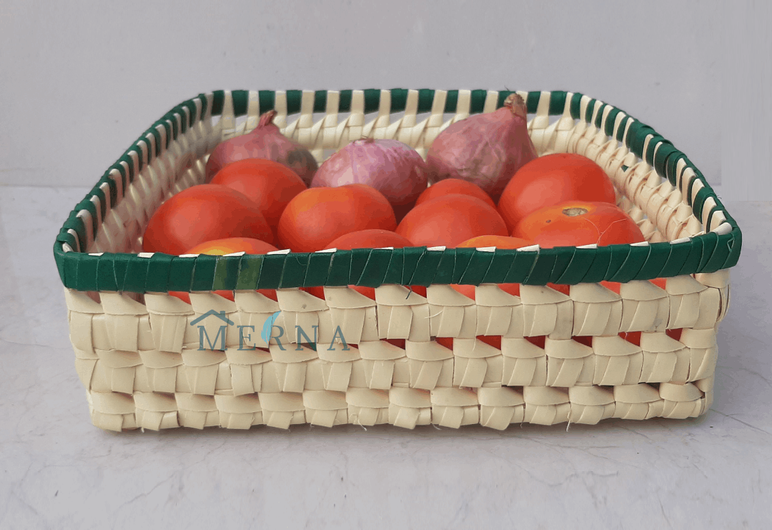 Merna Handmade Palm Leaf Large Square Basket (Green Border)