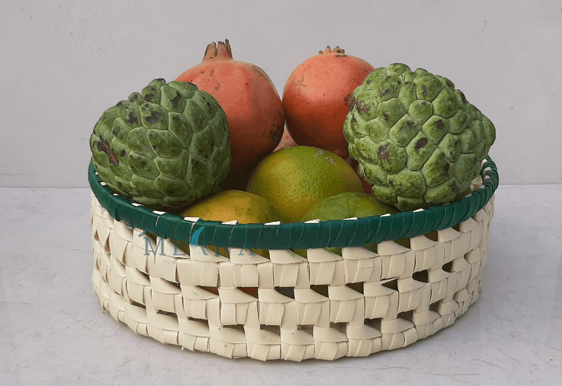 Merna Handmade Palm Leaf Small Round Basket (Green Border)